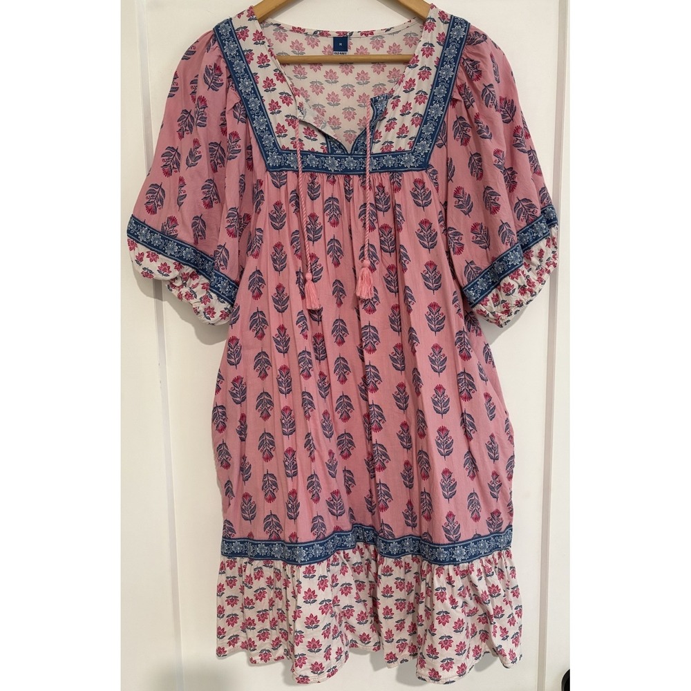 Old Navy Pink Floral Block Print Puff Sleeve Boho Mini Swing Peasant Dress MED